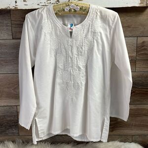 Souissi Ladies White Long Sleeve Embroidered Blouse Top, Made in Egypt , Small